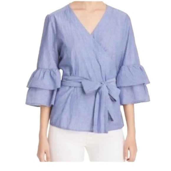 BEACH Lunch Lounge Collection Cotton Faux Wrap Shirt SzM Blue White Pin Stripe - Picture 12 of 16